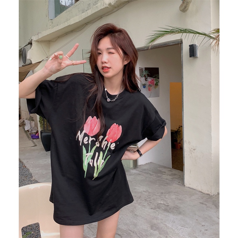 kaos hitam / t shirt original fashion / baju oversize wanita murah / baju kaos wanita lengan pendek print mawar