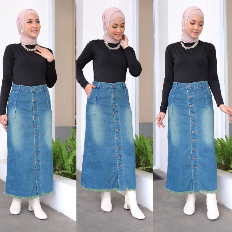 Rok Jeans Stretch Span Panjang Gisca Kancing Depan Tebal Dan Melar