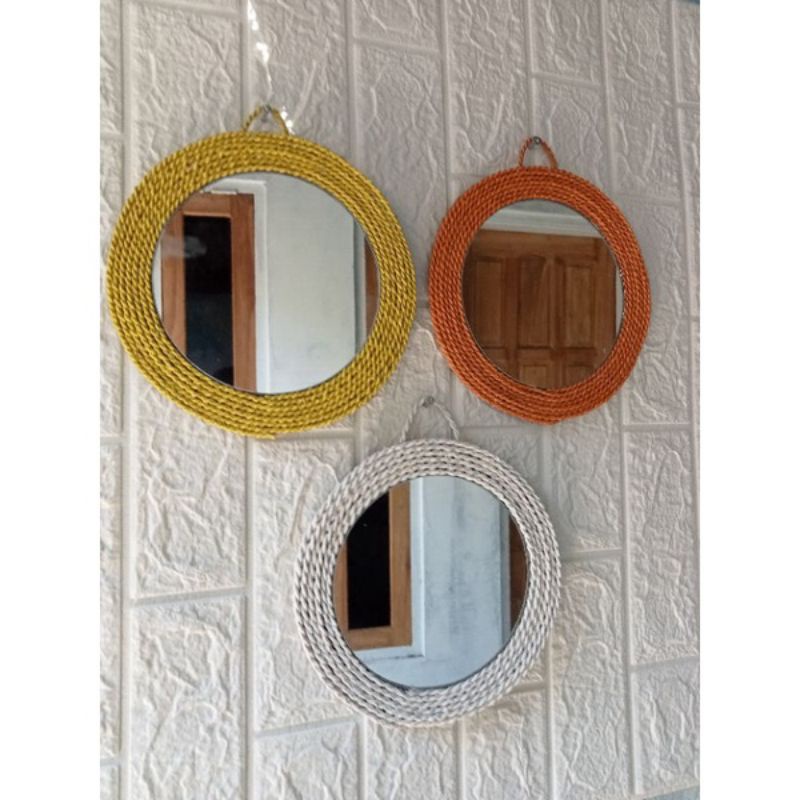 Kaca Cermin Aesthetic 22Cm Bulat Dekorasi Hias Dinding Anyaman