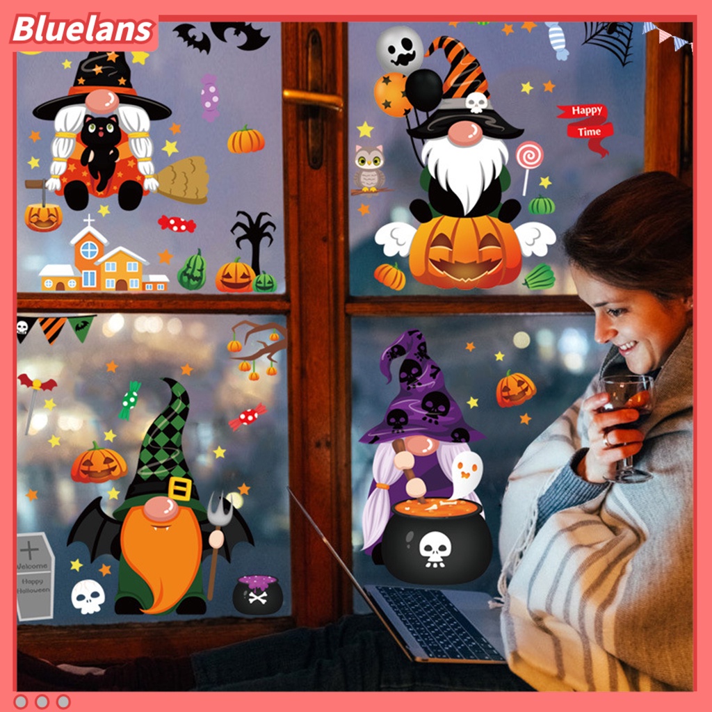 Stiker Elektrostatik Bahan PVC Tahan Air Dapat Dilepas Reusable Untuk Dekorasi Halloween Stiker Dinding Dengan Bahan Mudah Dilepas Dan Gambar Labu Penyihir Untuk Dekorasi Rumah