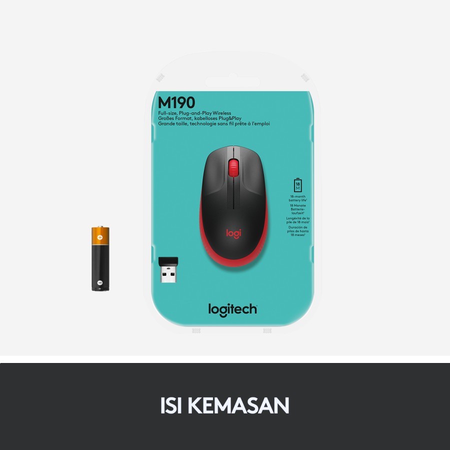 Logitech M190 RED Mouse Wireless Full Size untuk Windows, Mac, Chrome OS &amp; Linux MERAH