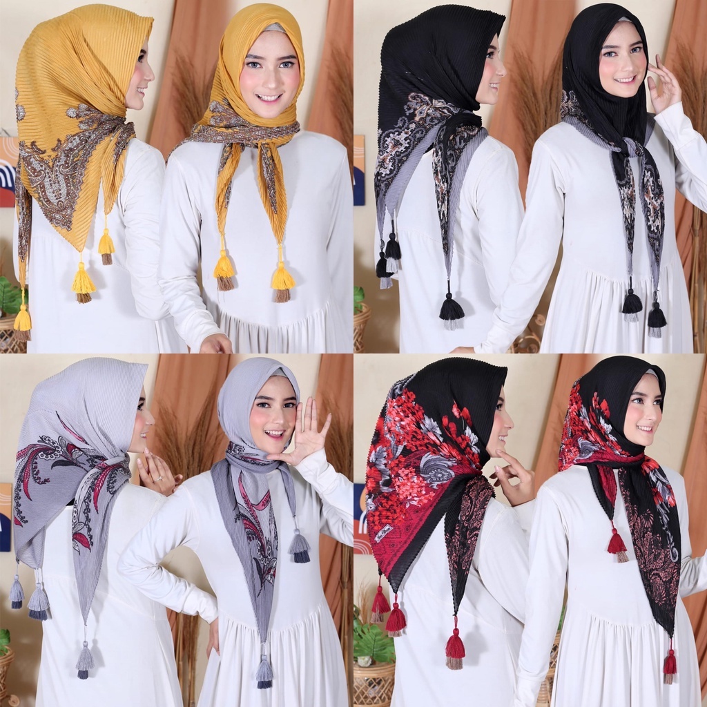 Kerudung Segi Empat PLISKET Motif BANDUL POMPOM Jilbab Voal Motif Plisket Lidi Terbaru