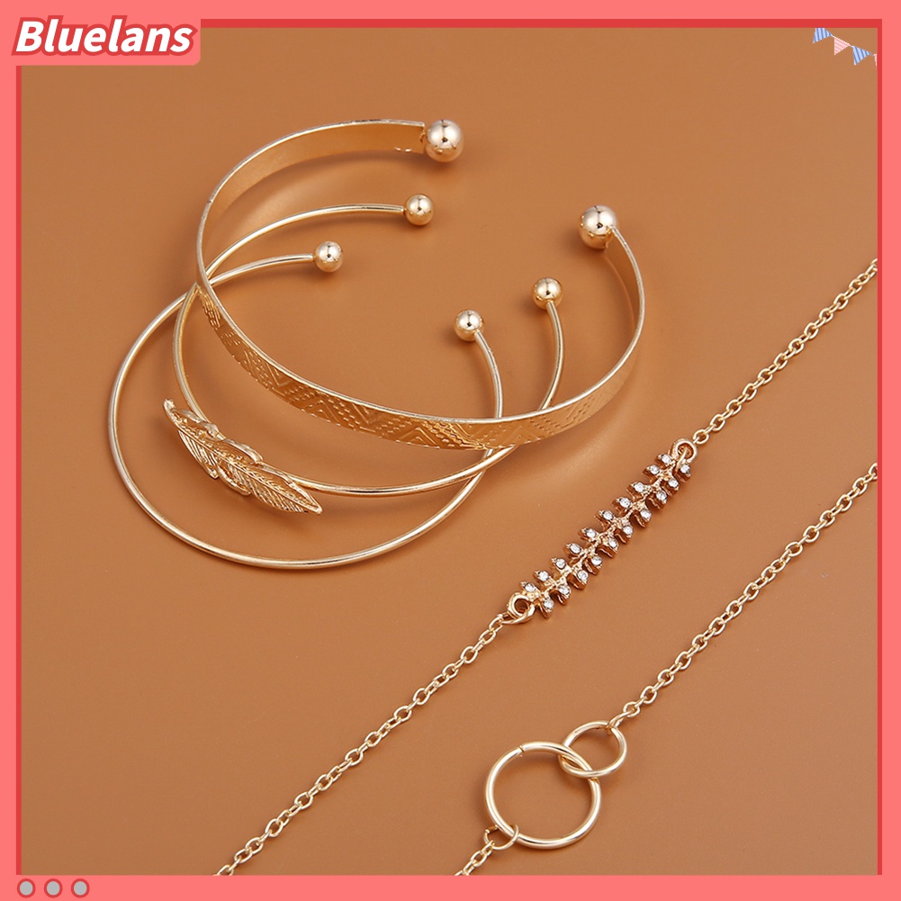 5pcs / Set Gelang Model Terbuka Desain Daun Aksen Berlian Imitasi Untuk Wanita