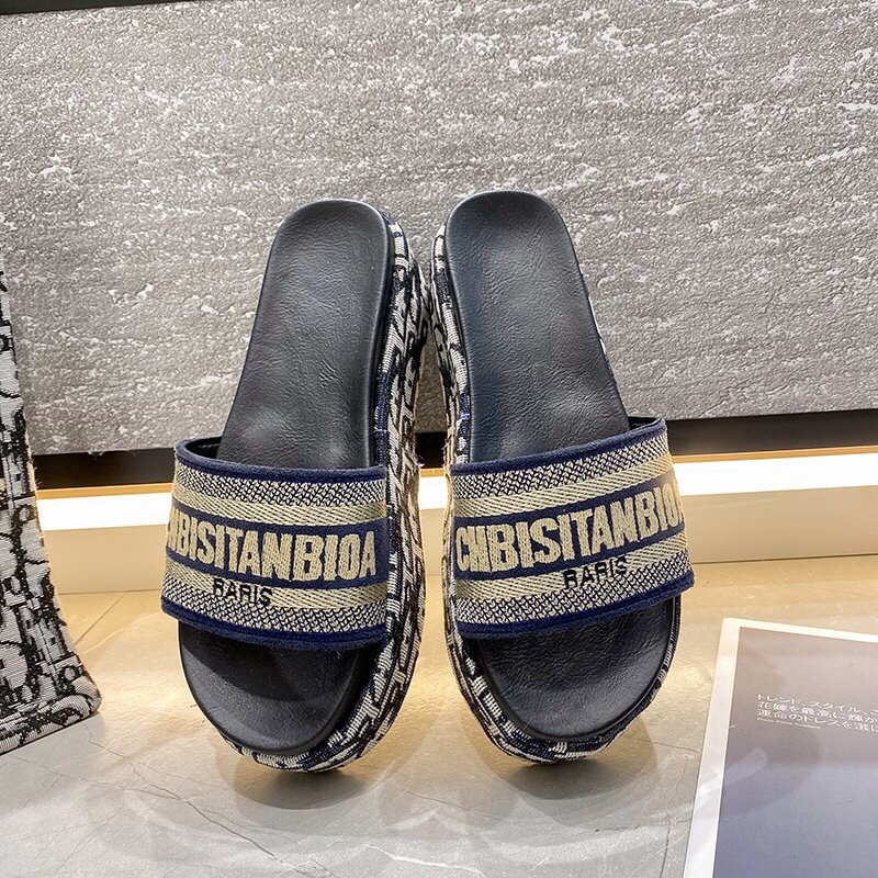 0392 syafniegalery Blue Embroidered Slide Thick Slipper wedges wanita import