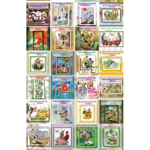 Paket kristik hewan ikan koi kucing kuda macan ayam anjing pola kain cross stitch