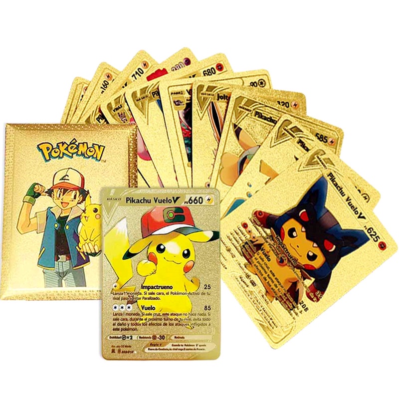 10pcs / Kotak Kartu Permainan Pokemon Vmax TAG Charizard Pikachu Battle Trainer Energy Bahan Metal Untuk Anak