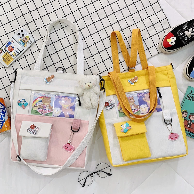 

☾❇Sera Kanvas Tas Wanita Satu Bahu Diagonal 2021 Baru Bahu Siswa Versi Korea dari Kelas Harajuku Tas Sekolah Tutorial Tote Bag