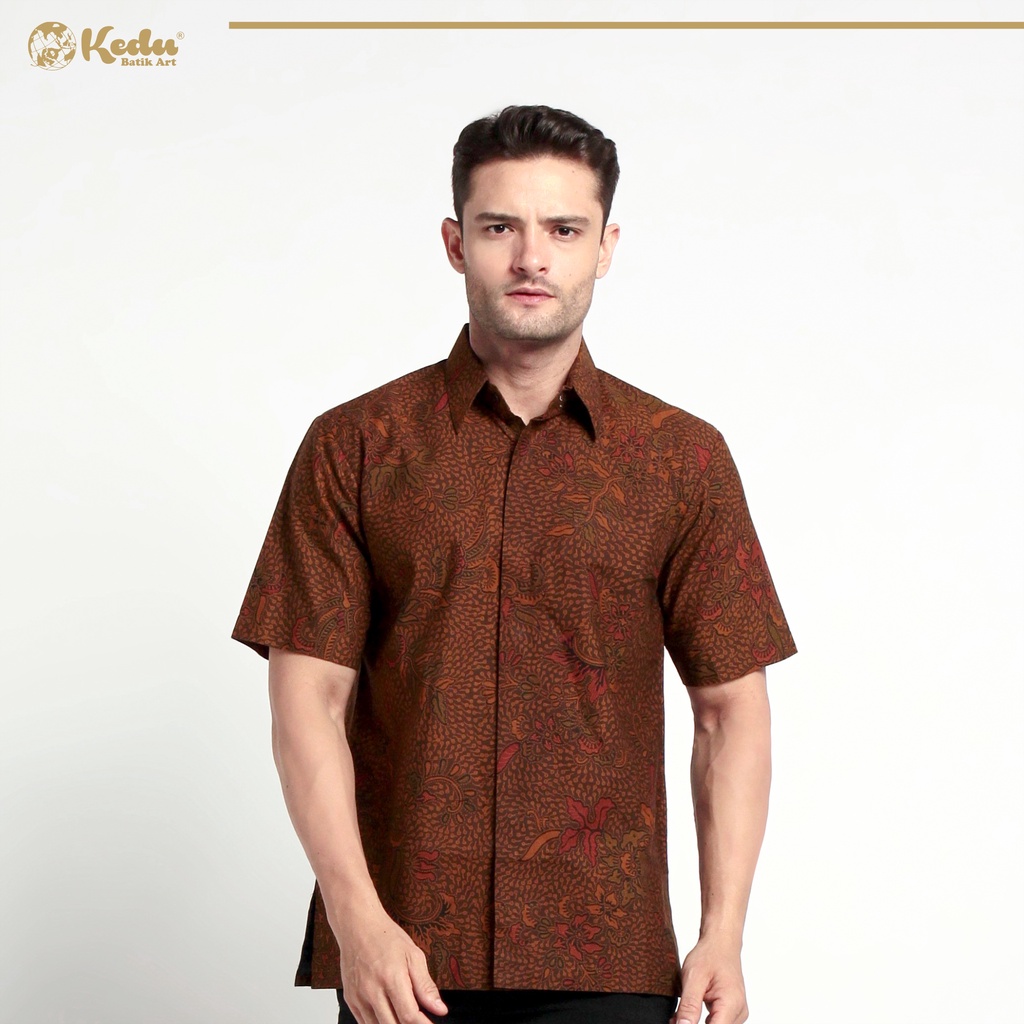 Kedu Batik - Kemeja Batik Katun Lengan Pendek BUNGA MAWAR Abu Hem Pria Formal