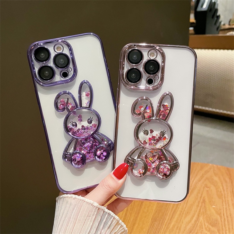 IPHONE Quicksand rabbit stand Plating Casing Ponsel Transparan Kompatibel Dengan Iphone14 13 12 11 Pro Max14 Plus Casing Pencegah Jatuh