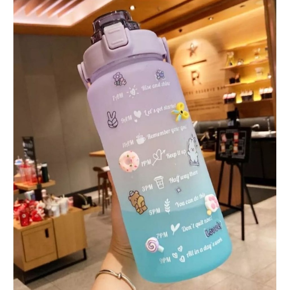 Botol Minum Motivasi 2000ML-Botol Minum Korea Viral Besar Gradasi Pelangi Tritan 2 Liter 64 0z Penanda Waktu Tutup Flip Dengan Sedotan Free Stiker-Tumbler Botol Minum Olahraga Gemoy Kekinian Rainbow Food Grade Bebas BPA Anti Bocor Tahan Lama