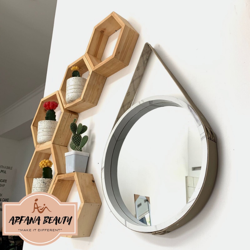 Kaca Cermin Gantung Bulat Bundar Kayu Aesthetic Tali Strap Gantungan Cermin Dandan Make Up Rias Frame Tebal Kayu Premium Diameter 35CM Estetik Perlengkapan Penghias Dekorasi Dinding Kamar Tidur Rumah Ruang Tamu Vintage Viral Tebal