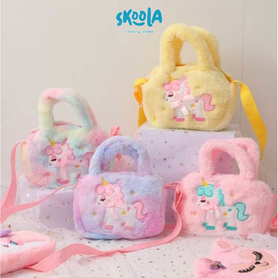 Skoola Tas Anak Perempuan PAUD Remaja Selempang Jinjing Unicorn Rainbow Lucu Bulu Kids Sling Bag - Bunbun Mocha Micha Michu