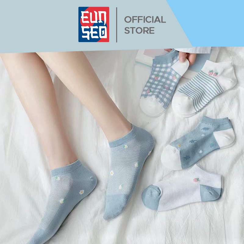 EUNSEO Kaos Kaki Semata Kaki Pendek Wanita Fashion Korea Motif Strawberry Biru Putih Premium Kaoskaki Ankle Cute