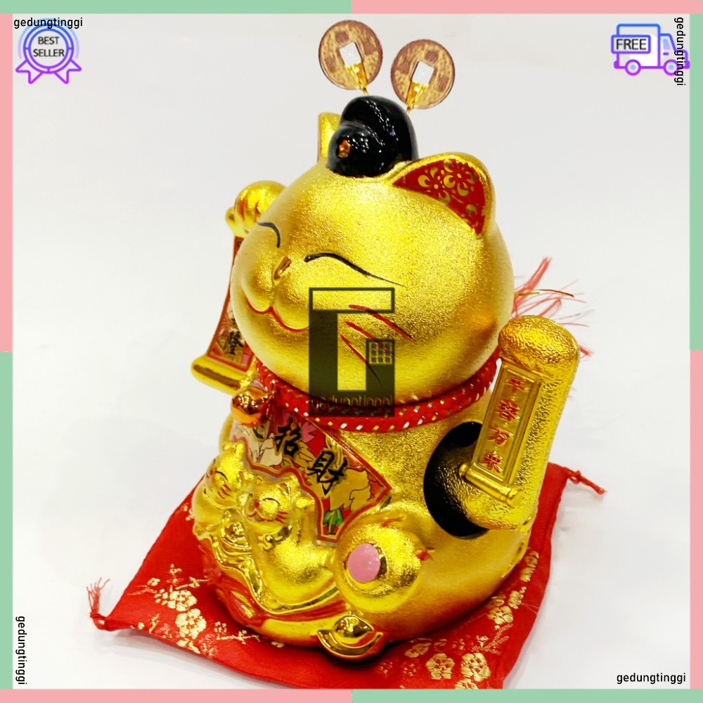 Patung Pajangan Boneka Hiasan Dekorasi Kucing Panggil Memanggil Rejeki Hoki Fengshui Maneki Neko Maneko Neki Keberuntungan Lucky Cat Jepang Cina China Keramik Ceramic Gold Emas Baterai Batrai Batre Batrei Baterry Batery Listrik Tangan Gerak Goyang Jumbo