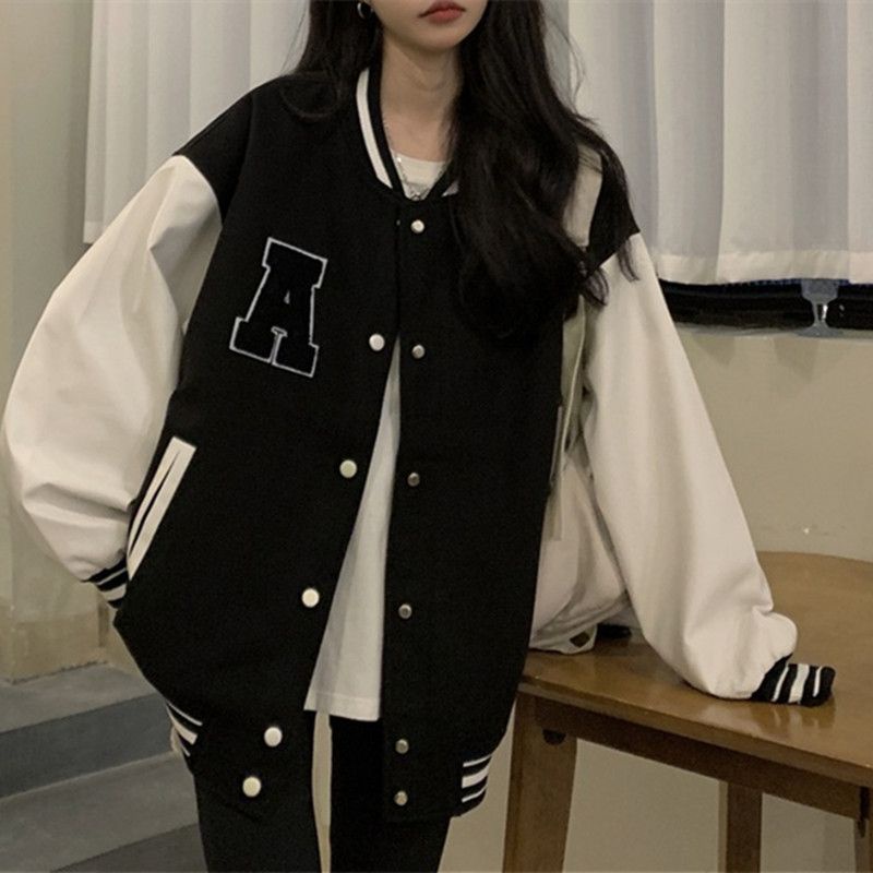 [littlecrab] Jaket Oversize Hitam Putih Letter A Bulu Jacket Varsity Baseball Korea Import Kancing Jepret Berkualitas Fleece Tebal Unisex Couple Good Quality Korean Style