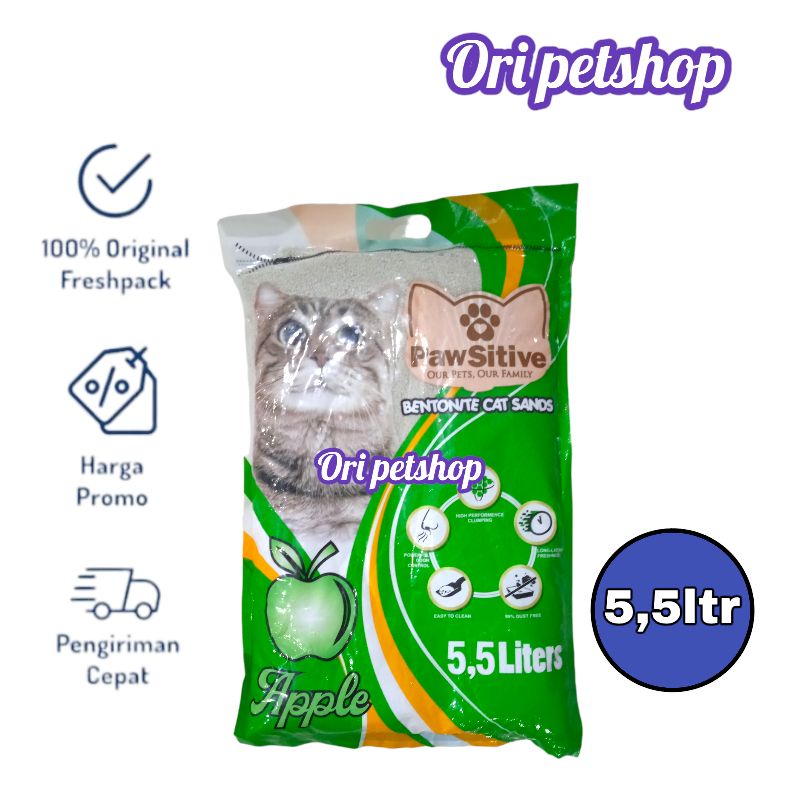 Pasir Kucing Pawsitive 5,5ltr Pasir Wangi Gumpal Bentonite Cat Sands - Aplle