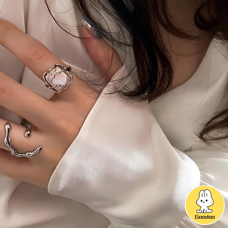 2PCS Cincin mutiara/cincin perak Korea retro Temperamen Pembukaan Tidak Teratur Cincin Dapat adjustable Cincin Wanita -Doo