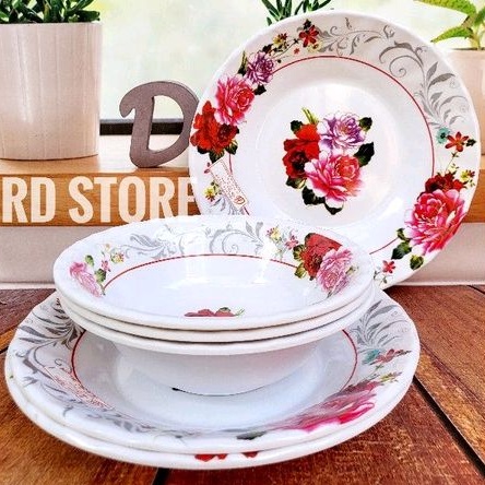 PROMO 6.PCS ISI 3.PIRING MAKAN 3.MANGKOK SAYUR MELAMINE MOTIF ROSE
