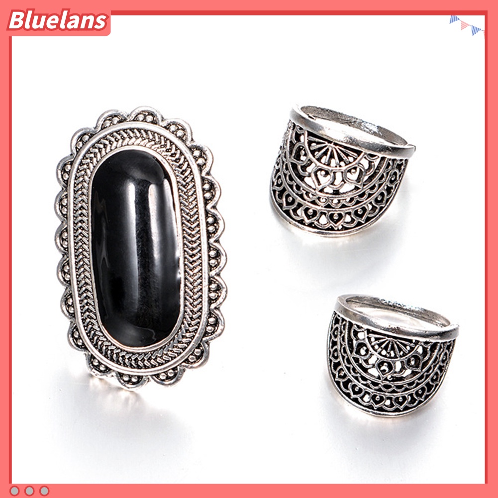 Bluelans 3Pcs Vintage Hollow Out Women Finger Ring Set Gift Rhinestone Party Jewelry