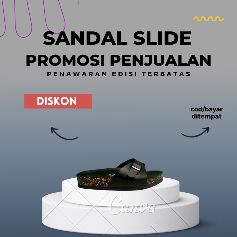 WTR CROW Sandal Slide Cewek Hitam, EVILLA FULL BLACK