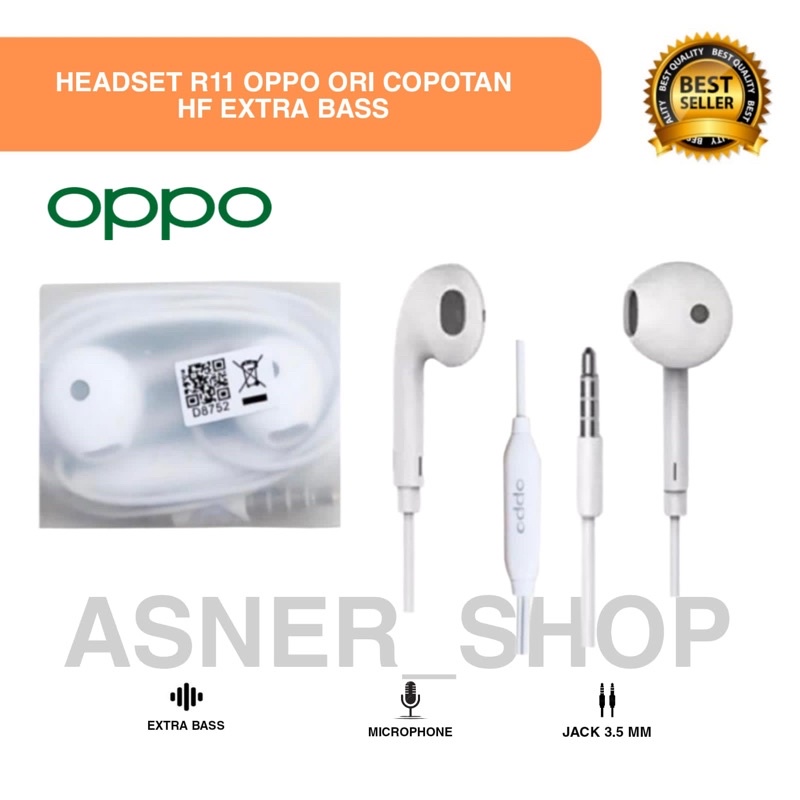 Headset R11 Oppo Ori copotan Hp Hf Extra Bass Plus packing warna putih