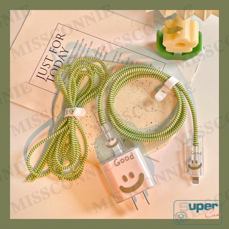 Set 5 In 1 Pelindung Kabel Data / Charger TPU Motif Kartun Pink / Ungu / Pita Untuk Apple 18 / 20W