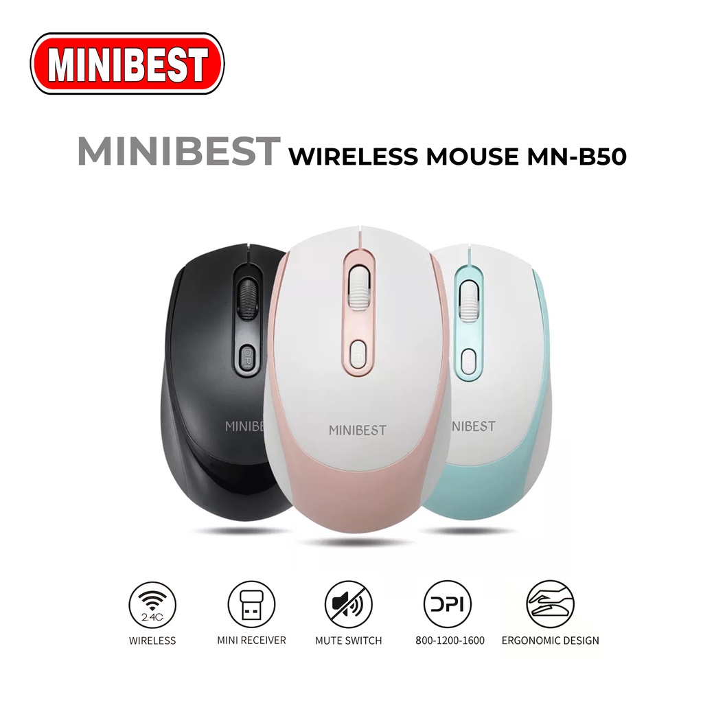 [MB] MN-B50 Mouse Wireless 2.4GHz Optical 1600DPI dengan Receiver USB untuk PC Laptop