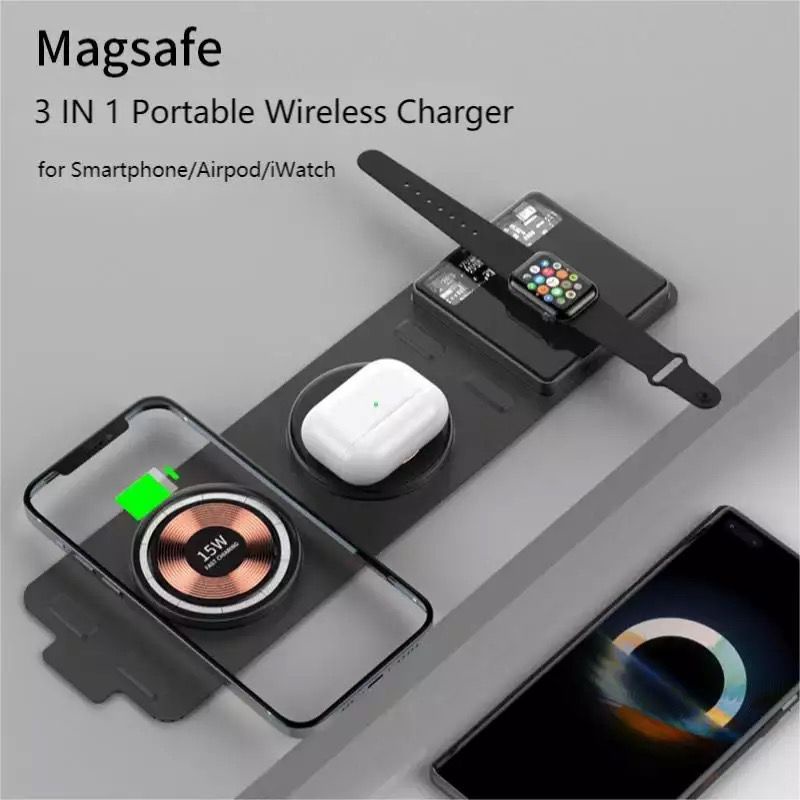 Magsafe 3 in 1 Foldable Magnetic Wireless Charging Watch 15W - Fabric Design Magnetic Charging + Wireless Charging + Apple Watch Charging