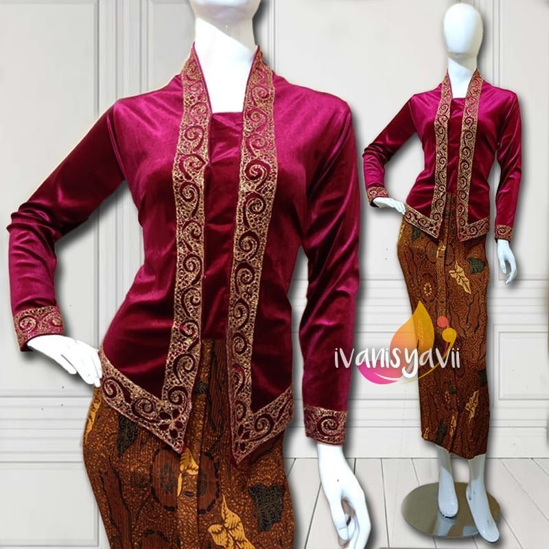 Kebaya Kutubaru Bordir Cantik / Bahan Bludru - Warna Maroon