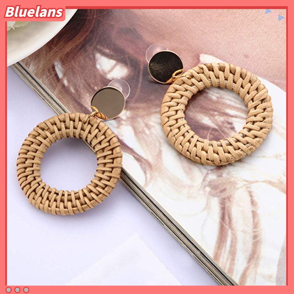 Anting Stud Bentuk Lingkaran Bahan Rotan Gaya Bohemian Untuk Wanita