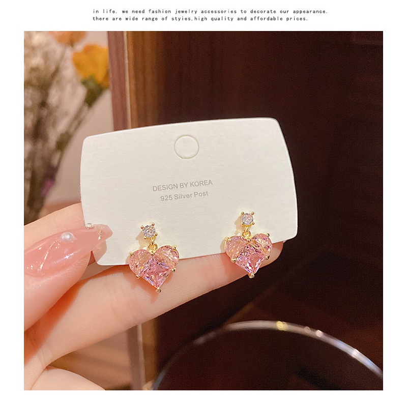 Anting Bahan Titanium Steel Bentuk Hati Aksen Zircon Untuk Wanita