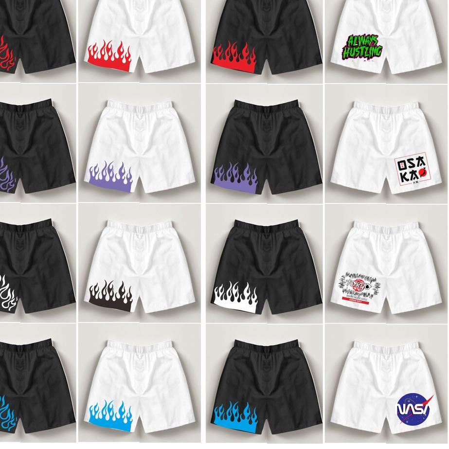 Sale Terbatas Boxer pria motif api kuning merah putih biru white red yelow purple bahan loto