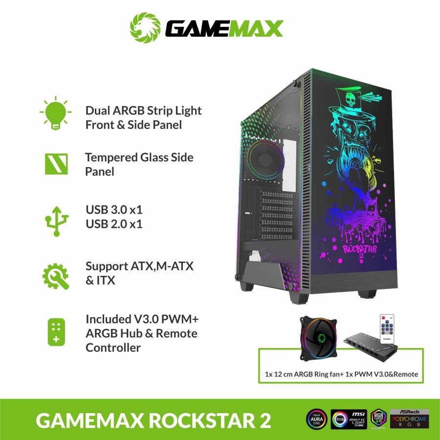 Gamemax RockStar 2 Gaming PC Case ARGB LED PWM Remote Control