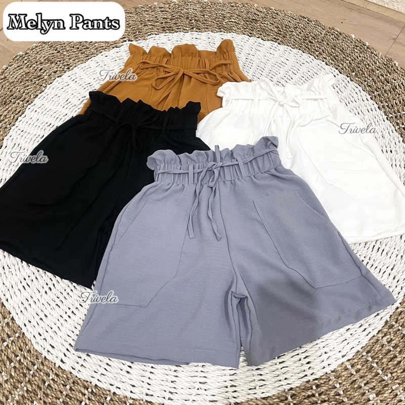 TRIVELA - Celana Pendek Wanita Hotpants Highwaist Crinkle Pinggang Karet / Melyn Pants / SJJ