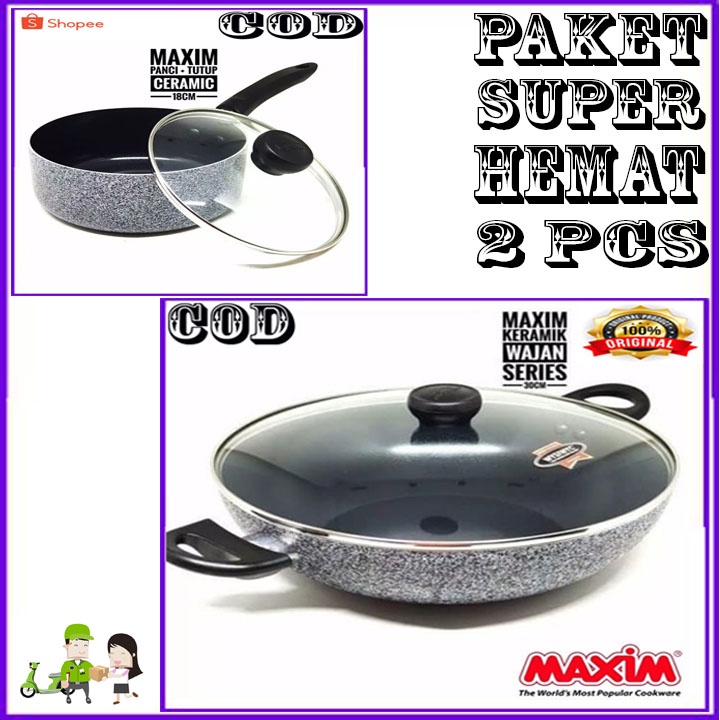 MAXIM CERAMIC WOK 30 CM TUTUP KACA ORI + 18CM SAUCEPAN + TUTUP KACA ORI BERGARANSI RESMI