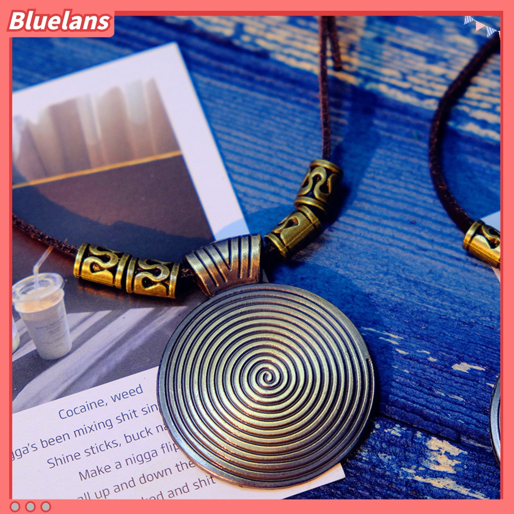 Bluelans Vintage Women Ethnic Faux Leather Spiral Disc Round Pendant Sweater Necklace