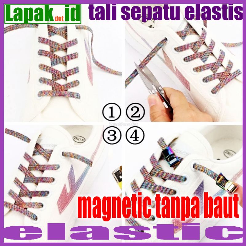 tali sepatu elastis flat glitter dengan magnetic lock tanpa baut