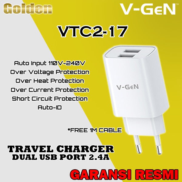 VGEN V-GeN VTC2-17 Travel Adapter Charge 2.4A 2 Port USB Resmi