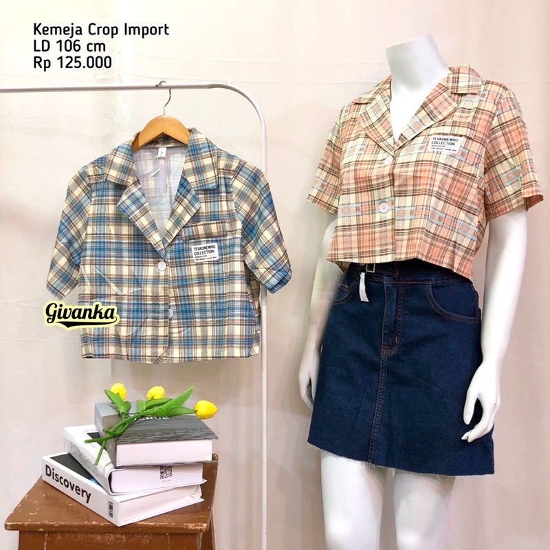 KEMEJA CROP IMPORT MOTIF KOTAK-KOTAK LENGAN PENDEK
