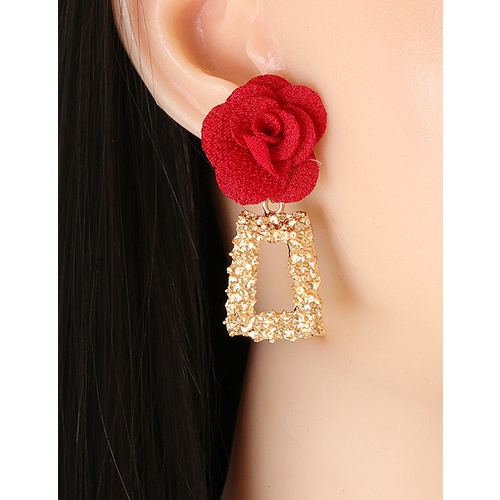 LRC Anting Tusuk Fashion Red Multi-layer Chiffon Cloth Lace Flower V3587X