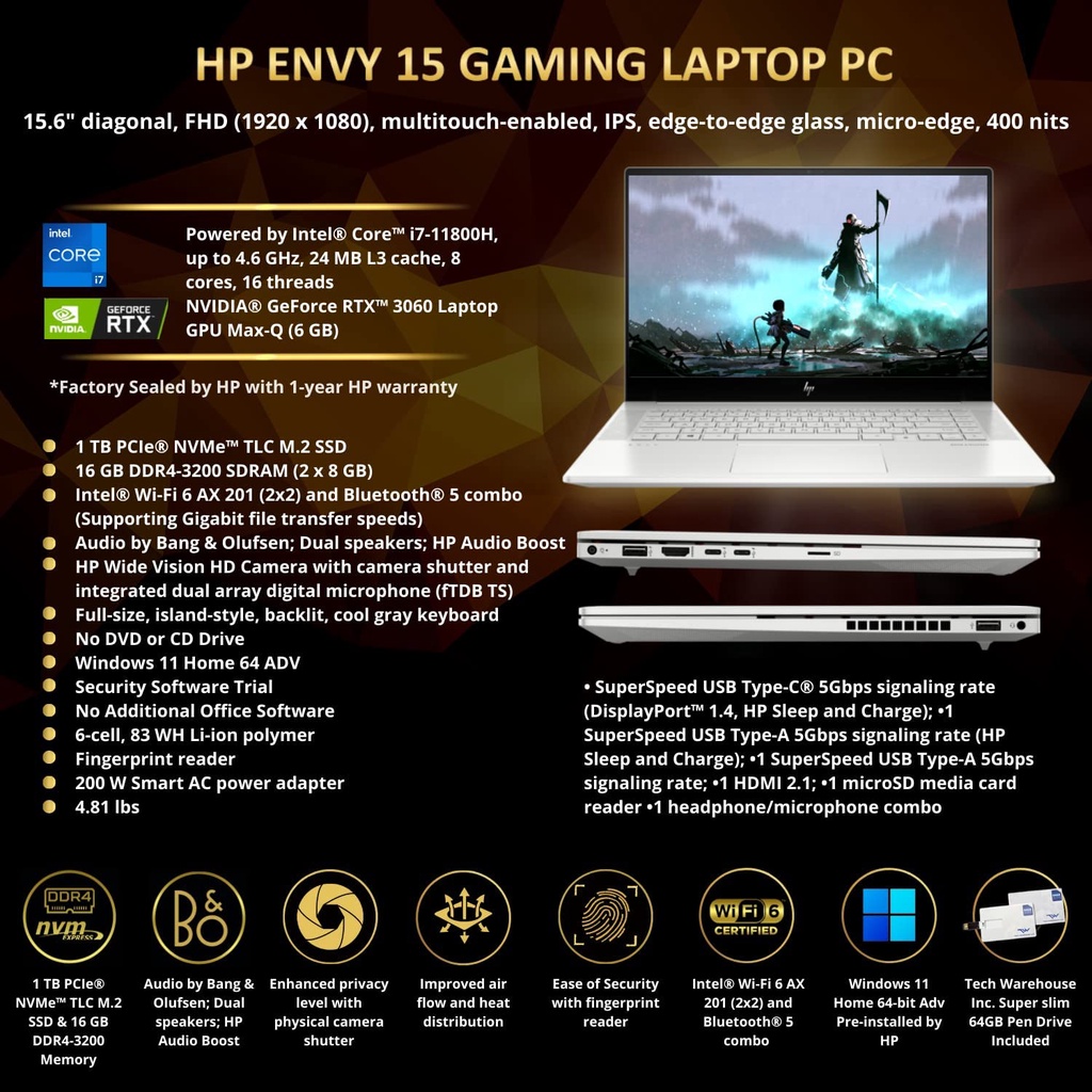 Laptop Editing Hp Envy 15 Intel Core i7 11800H Ram 32GB 1TB SSD RTX3060-6GB 4K OLED TOUCH Windows11 SILVER