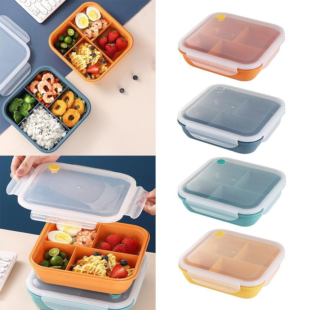 Solighter Lunch Box Microwavable Persegi Panjang Grid Dengan Sendok Wadah Makanan