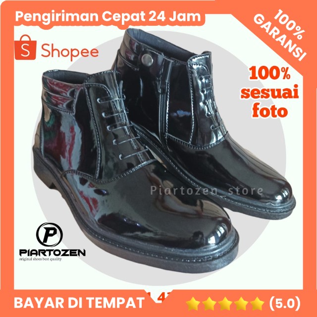 Sepatu PDH Pria Model Tanpa Tali, untuk Dinas TNI/POLRI, Keamanan Satpam, Warna Hitam Mengkilap, Bahan Kulit Sintetis.