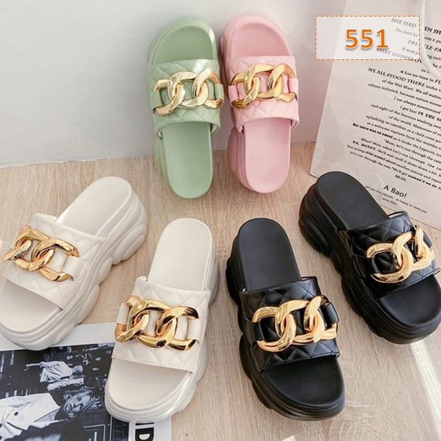 Sendal Wedges Wanita Kokop Variasi Rantai PK 012 Tinggi Sol 5 cm Hitam Hijau Pink Putih (551)