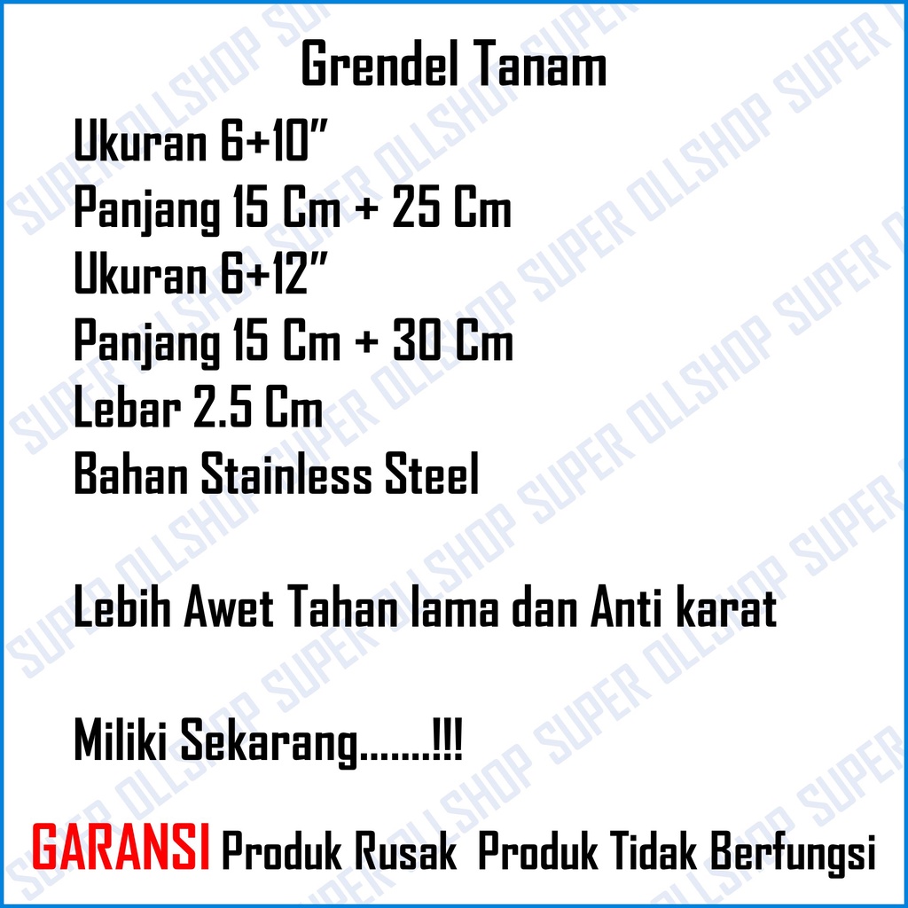 Grendel Pintu Tanam Stainless 6&quot; + 12&quot; / Slot Pintu Tanam 2 Pintu Kupu Tarung 6 + 10 1 Set