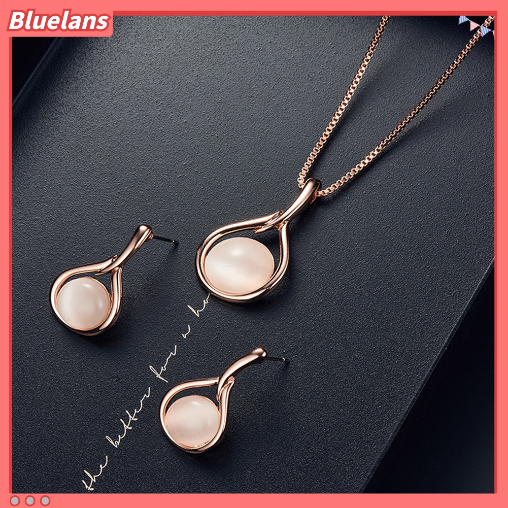 Set Perhiasan Kalung Anting Stud Liontin Opal Tiruan Bentuk Bulat Untuk Hadiah Wanita