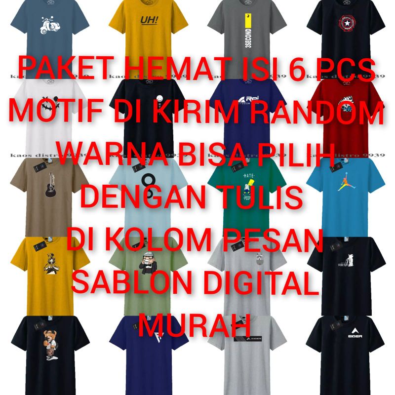 (PAKET HEMAT ISI 6 PCS) KAOS DISTRO PRIA SABLLON DIGITAL