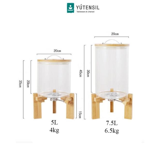Dispenser Beras Kaca Wadah Kayu Set / Rice Storage Barrel