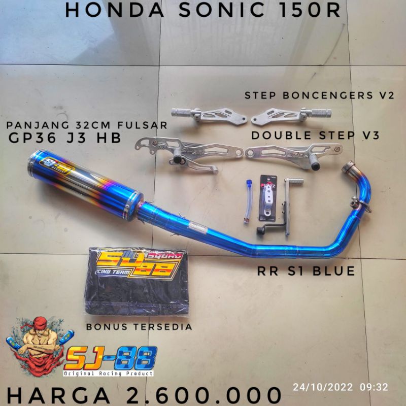 Knalpot sj88 sonic150r paket ub v3 step v2 bonus kaos rr s1 blue mix gp36 j3 hb gp20 j1 bv dan gp20 