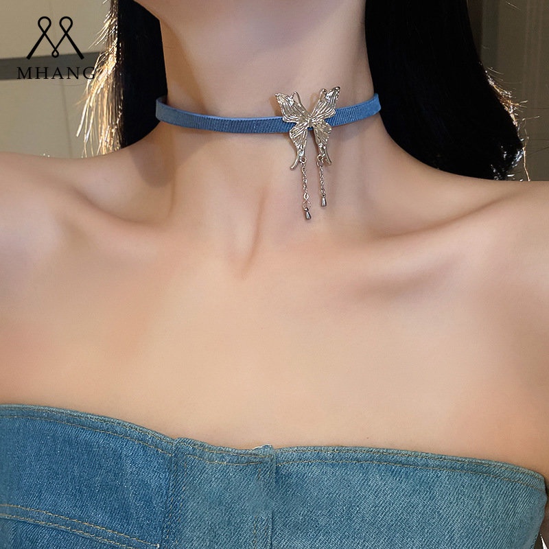 Mhang Kalung Choker Sexy Gaya Punk Bahan Kulit Aksen Kupu-Kupu + Rumbai Untuk Perhiasan Wanita Butterfly